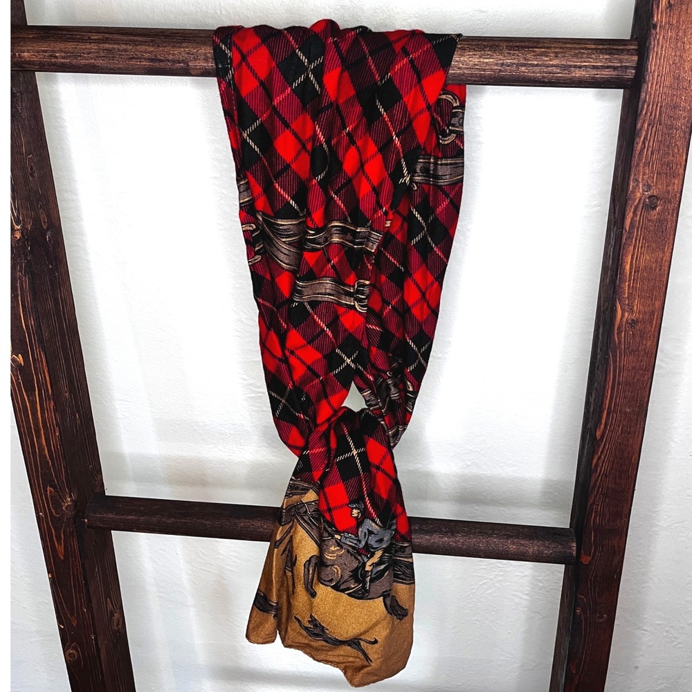 Vintage‎ Scarf Red Black Plaid Tartan Equestrian Fox Hunt Horse Print Heritage